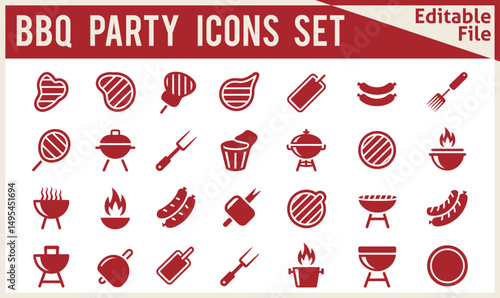  Modern BBQ Party Time Vector Icon Set Featuring Solid Style Symbols Including Barbecue Grill, Beef Steak, Grilled Chicken, and Sausage in Filled Pictogram Design