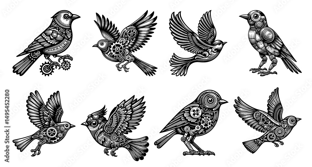 Fototapeta premium steampunk birds Set collection bundle sketch engraving generative ai PNG illustration. Scratch board imitation. Black and white image.