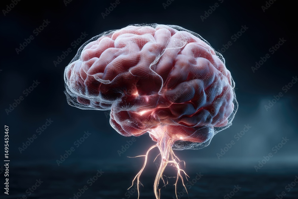 Obraz premium Brain with animated synapse glow lifting heavy mental load