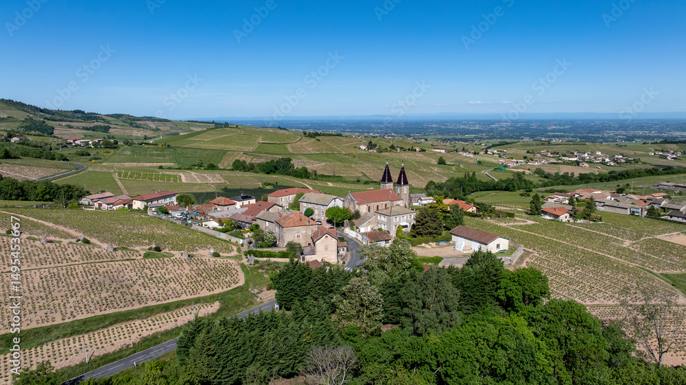 Naklejka premium Paysage pittoresque du vignoble du Beaujolais autour du village de Saint Joseph au printemps