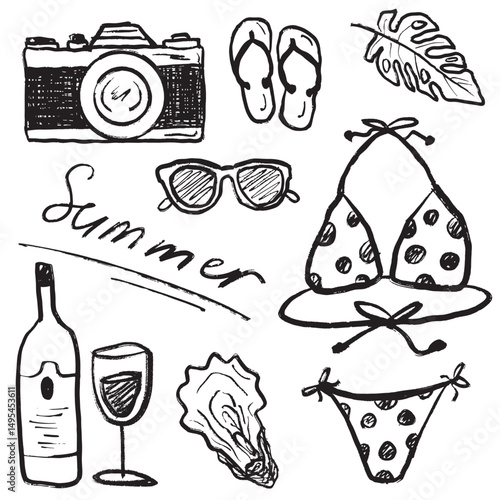 Summer icon set with camera, bikini swimming suit, flip flops, wine bottle, oyster and sunglass in black brush stroke texture on white. Hand drawn vector sketch illustration in vintage charcoal ink
