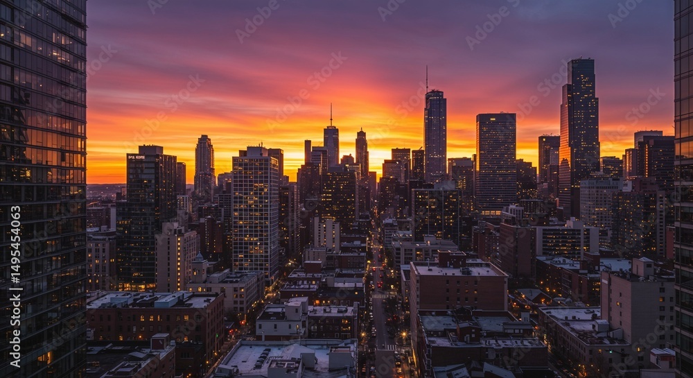 Obraz premium Sunset over city skyline with colorful clouds and skyscrapers