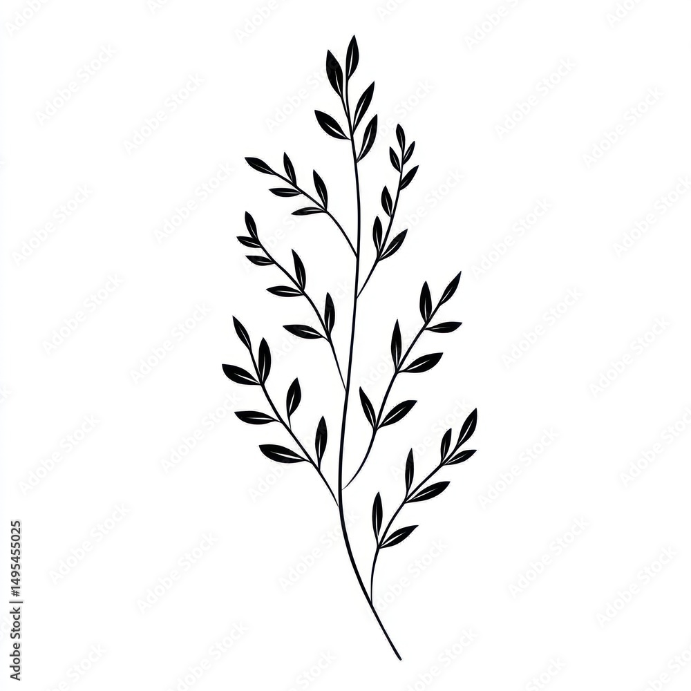 Naklejka premium Simple black sprig, minimalist botanical illustration, white background, design element