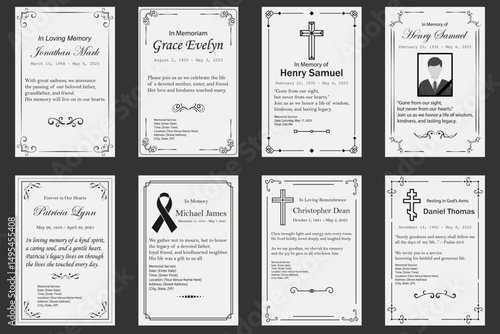 A collection of elegant black and white funeral memorial card templates with decorative borders, religious symbols, and placeholder text. Ideal for remembrance services, memorial programs, and