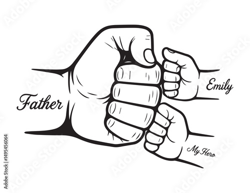 Father and Children Fist Bump Line Art – My Hero Dad Illustration