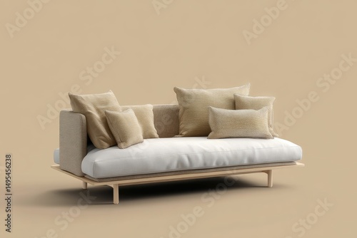 Tan and white layers on a low-profile Scandinavian sofa