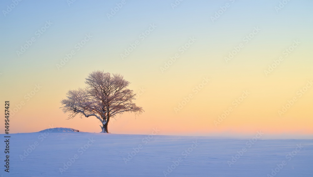 Snow covered tree in a field during a pastel colored winter sunrise Snow covered tree in a field during a pastel colored winter sunrise
