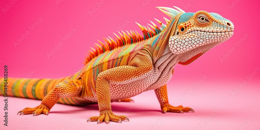 Fototapeta premium Iguana in Playful Pose, Striking Pink Backdrop, Colorful Scales