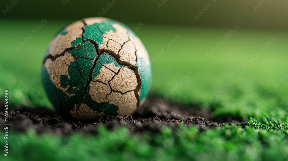 Fototapeta premium Cracked globe rests on patch of soil, symbolizing environmental issues and global challenges. green and brown colors highlight earth fragility and urgent need for sustainable solutions