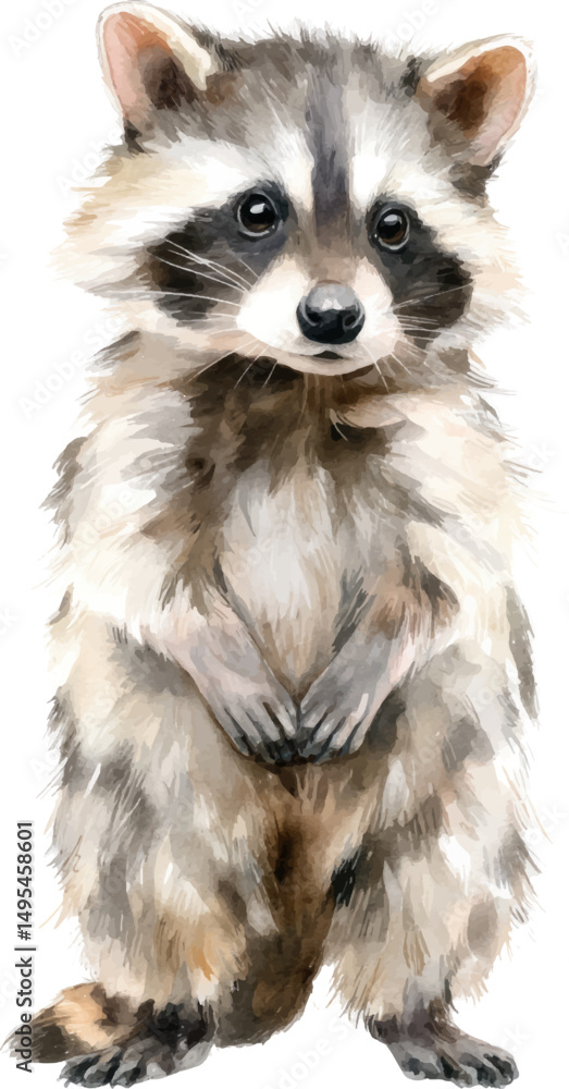 Obraz premium Watercolor painting of a cute and adorable baby raccoon standing up on a white background