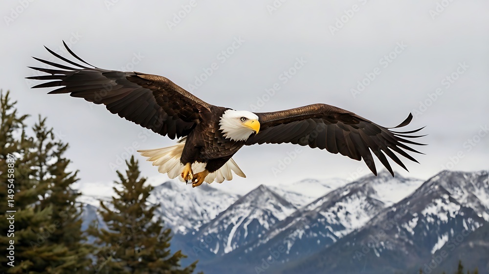 Fototapeta premium Majestic Bald Eagle in Flight Over Snowy Mountains
