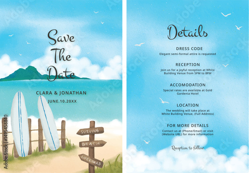 Set of watercolor tropical beach landscape blue sky with wedding invitation