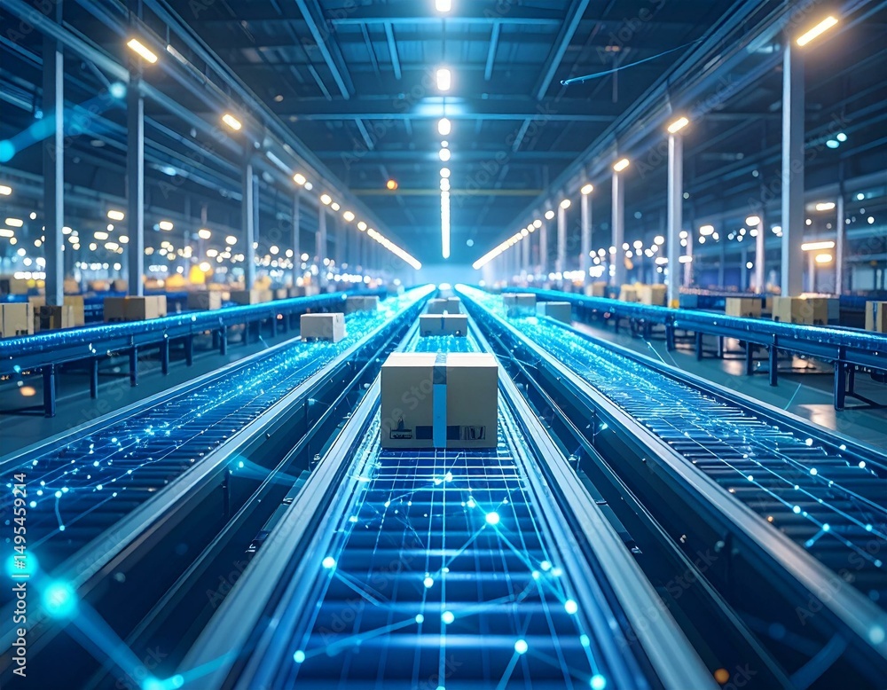 Futuristic warehouse showcasing advanced technology in logistics and automation. Futuristic warehouse showcasing advanced technology in logistics and automation.
