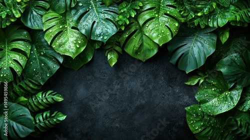 Lush Tropical Foliage Frame with Fresh Raindrops on Dark Background