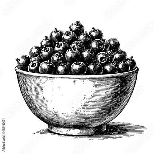 Black ink sketch of berries in a wooden bowl filled with chokeberries  