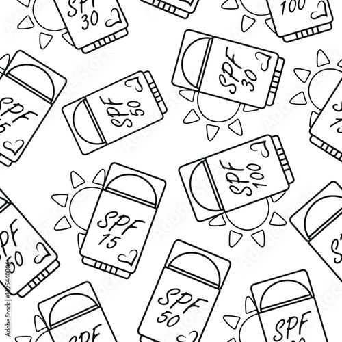 seamless pattern with icons of sunscreen stick in the shape of a deodorant for sun protection and a sun on the side in line art style, for summer designs