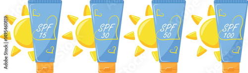 icons of a classic vertical tube with sunscreen and a sun on the side, for summer designs