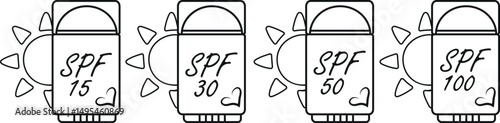 Icons of a sunscreen stick in the shape of a deodorant for sun protection and a sun on the side in line art style, for summer designs
