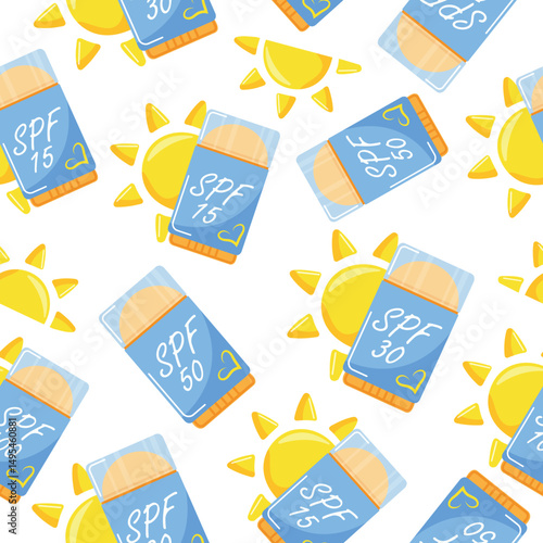 seamless pattern with icons of sunscreen stick in the shape of a deodorant for sun protection and a sun on the side, for summer designs