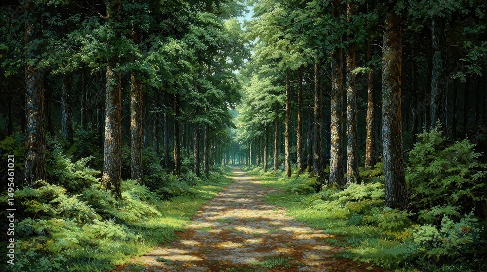 Obraz premium Forest path, dappled light, tall trees, verdant undergrowth