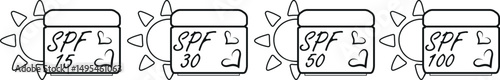 icons of compact rectangular jars with sunscreen and a sun on the side in line art style, for summer designs