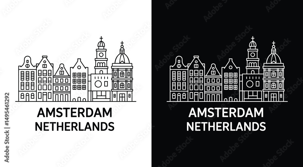 Fototapeta premium Amsterdam Skyline Logo Bold Black Canal Houses Westerkerk Rijksmuseum Symbol for Travel and City Brands