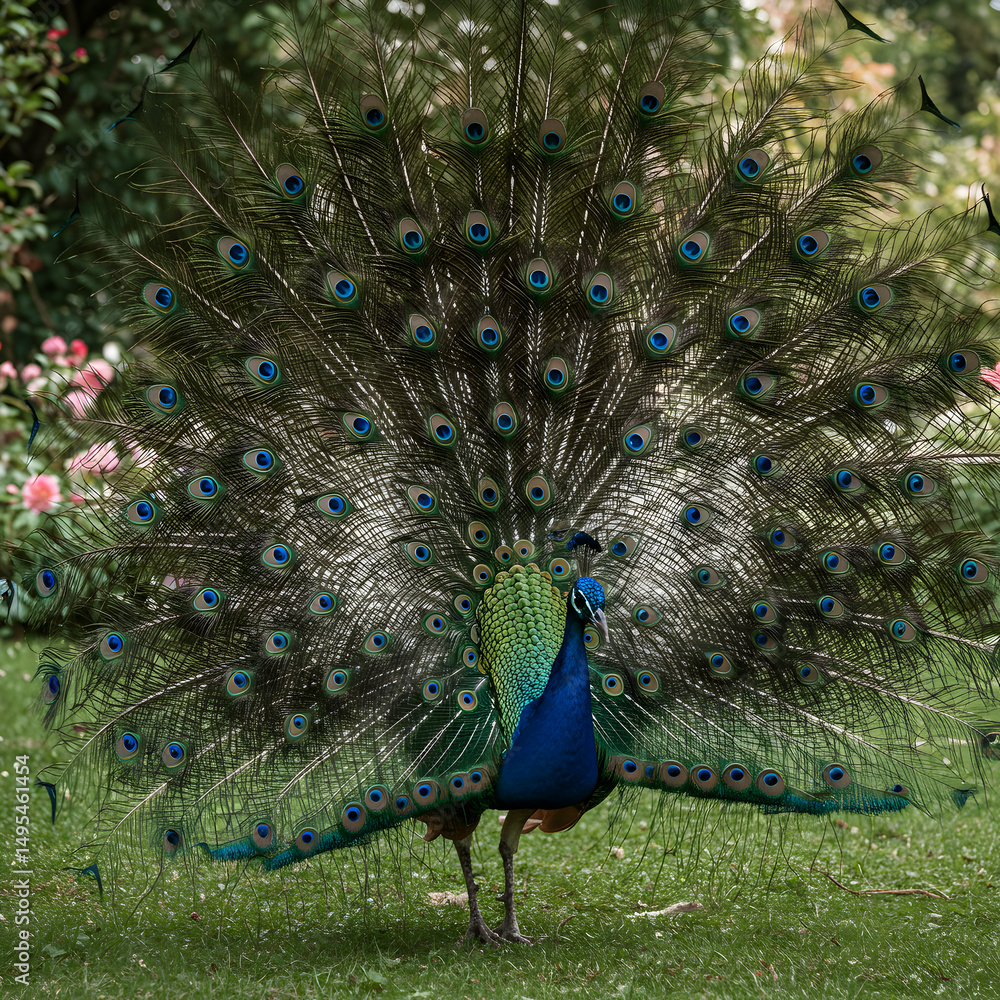 Naklejka premium Peacock Display Stunning Bird Feathers Tail