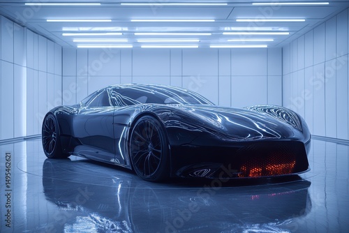 Black sheet covers new car in modern studio setting during presentation setup