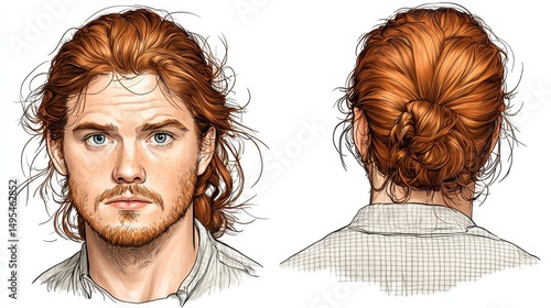 Pixelated Portrait of Young Man with Auburn Hair in Bun