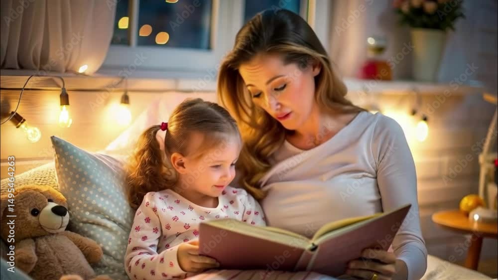 Before go to night or daytime sleep mother reading to daughter fairytale, kid enjoy storytelling lying with mommy in bed feels comfortable, good pastime develop reader skill, have fun at home concept Before go to night or daytime sleep mother reading to daughter fairytale, kid enjoy storytelling lying with mommy in bed feels comfortable, good pastime develop reader skill, have fun at home concept