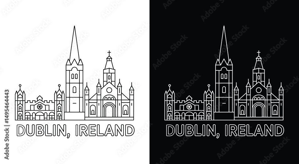 Obraz premium Dublin Skyline Logo Bold Black Spire Castle Christ Church Symbol for Tourism and Irish City Brands
