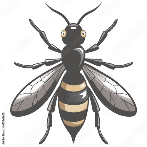 Cartoon Illustration Of A Cute Striped Wasp With Big Eyes And Transparent Wings