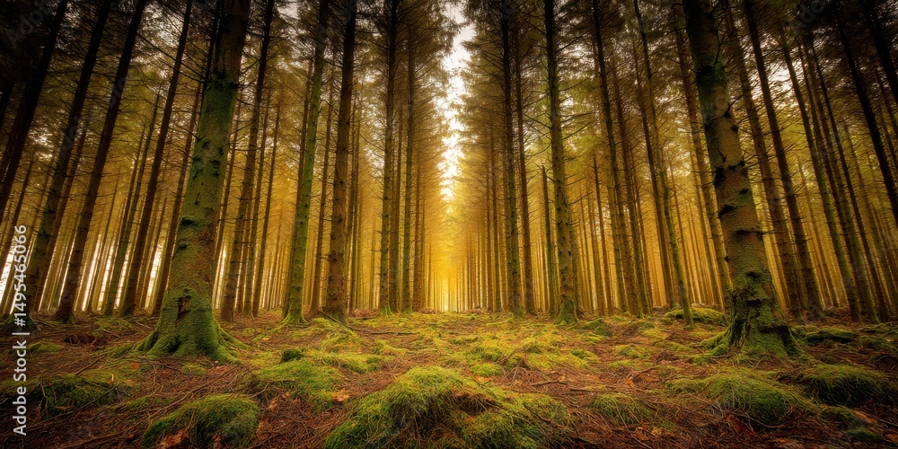 Naklejka premium Serene Sunlight Filtering Through Tall Pine Trees in a Lush Green Forest