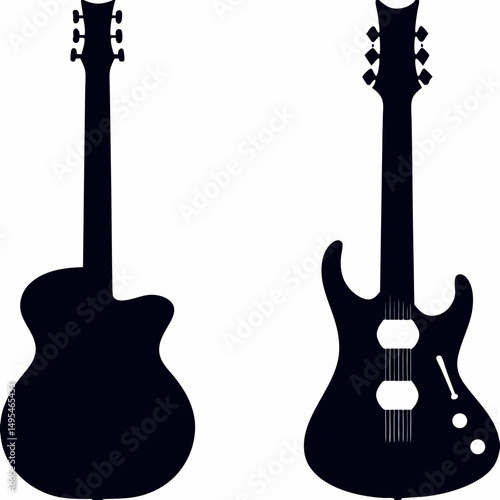 Isolated on white, a string musical equipment shows both acoustic and electric guitar objects, ready to play rock or jazz music