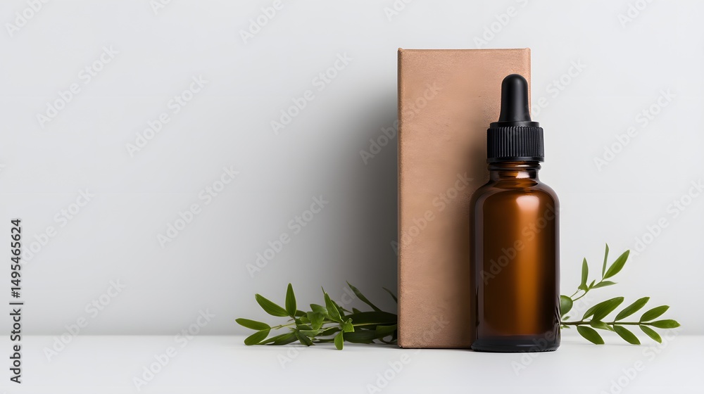 Amber Glass Dropper Bottle with Packaging and Greenery Natural Cosmetic Product Mockup Amber Glass Dropper Bottle with Packaging and Greenery Natural Cosmetic Product Mockup