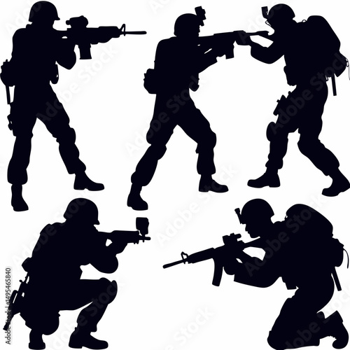 Silhouettes of armed military soldiers, a vector illustration of army people aiming rifles, depict a war scene with a black silhouette of a sniper
