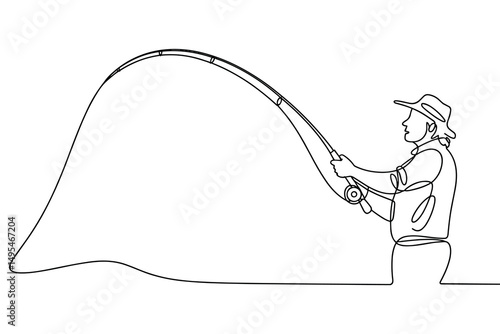 Man Fishing with Rod in River Line Art Vector 