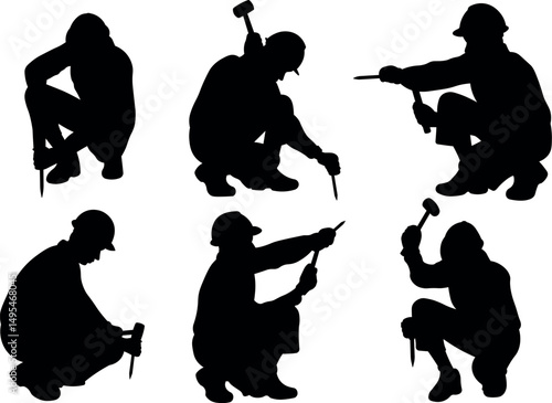 Silhouette Collection of a construction worker tearing down walls and floors using a chisel and hammer