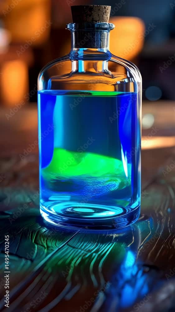 Glass bottle with glowing liquid in a dimly lit room setting Glass bottle with glowing liquid in a dimly lit room setting