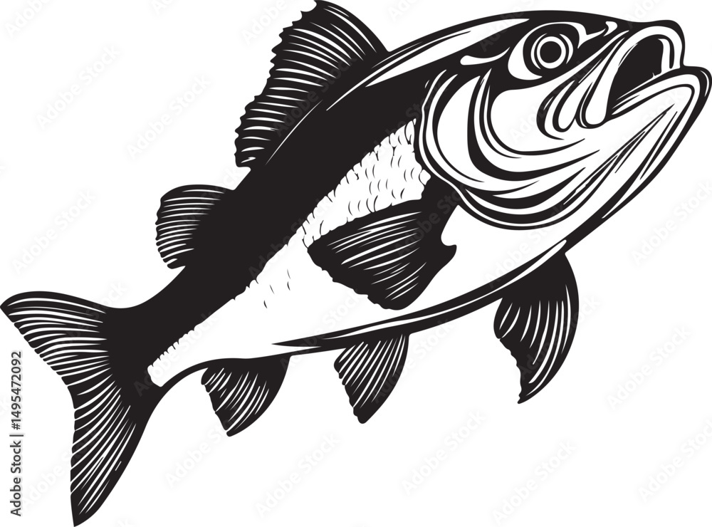 Naklejka premium Bass Fish Silhouette Vector Illustration on Transparent Background