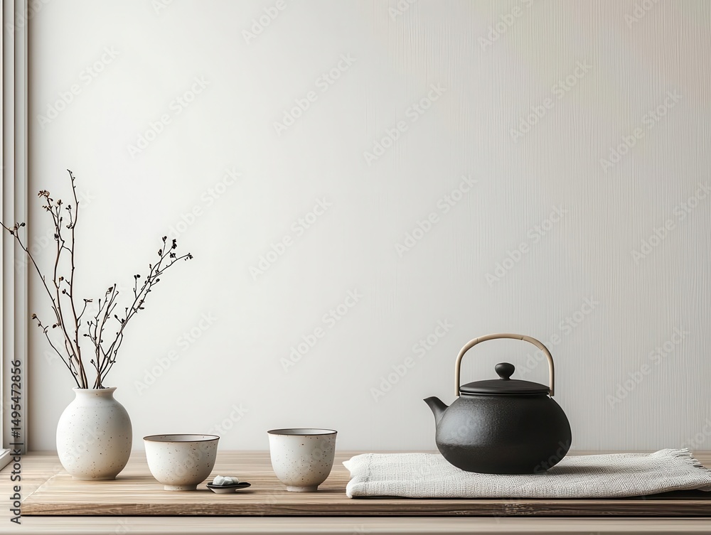 Fototapeta premium Elegant teadrinking space with a kotatsu, handcrafted ceramics, and a tranquil, serene setup