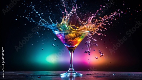 Vibrant Rainbow Cocktail Splash in Martini Glass