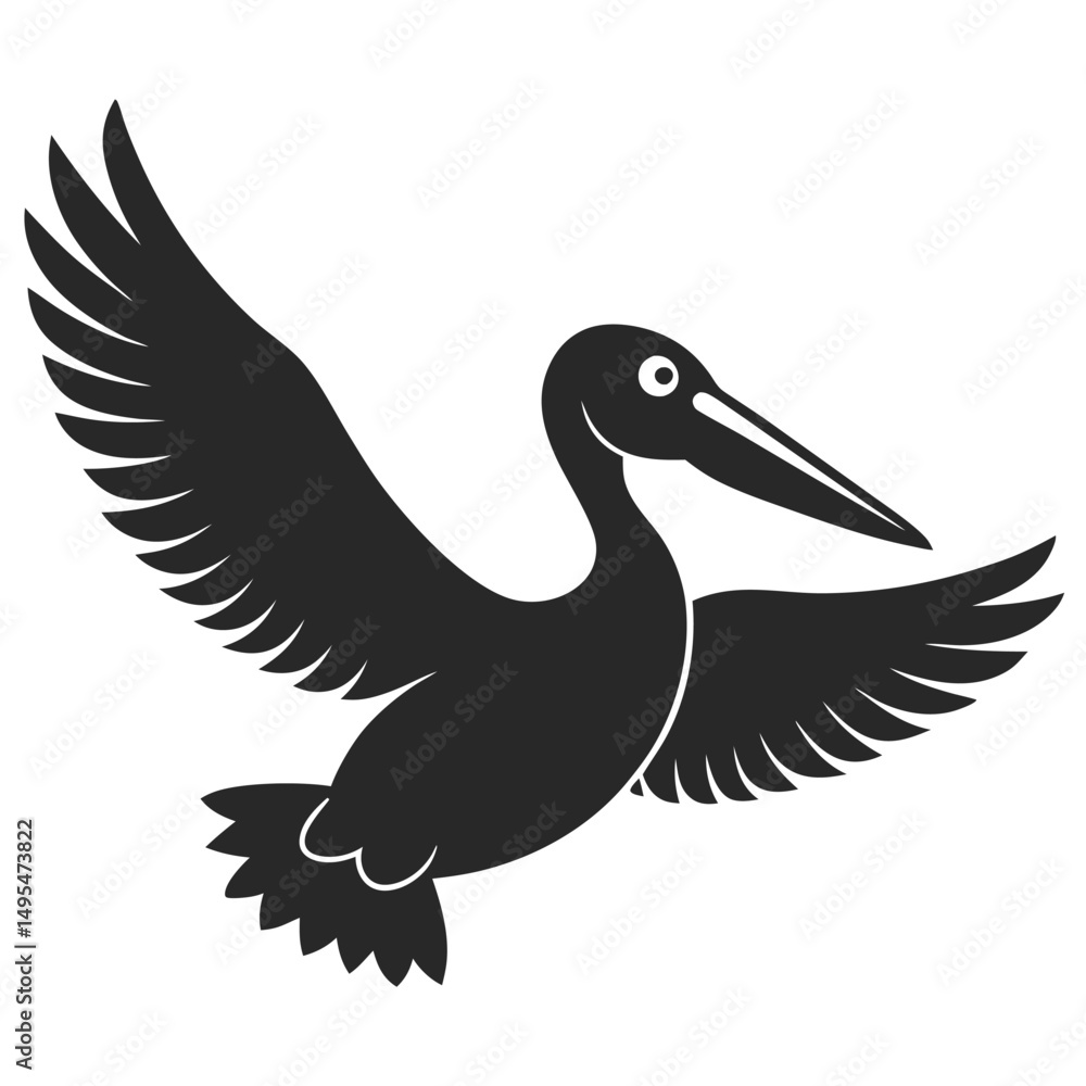 Fototapeta premium Pelican In Flight Black Silhouette Bird With Open Wings Illustration Graphic