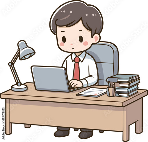 デスクで仕事をしている男性のイラスト