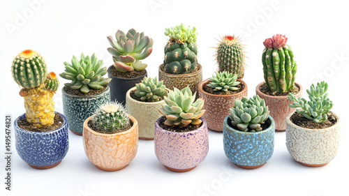 Cacti in ceramic pots isolated on a white background