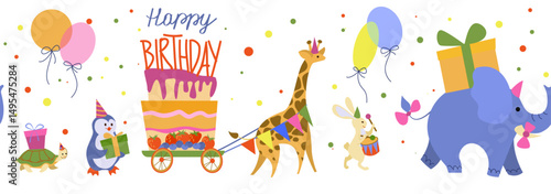 Happy Birthday seamless border with cartoon animal characters. Birthday illustration for greeting card, invitation, event, poster, sticker, prints. Vector
