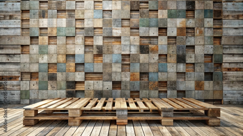 Rustic Wooden Pallet Display on a Textured Tile Background Ideal for Product Showcasing or Interior Design Inspiration Rustic Wooden Pallet Display on a Textured Tile Background Ideal for Product Showcasing or Interior Design Inspiration