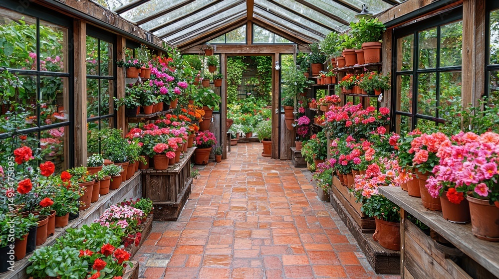 Obraz premium Greenhouse interior, full of flowering plants, terracotta
