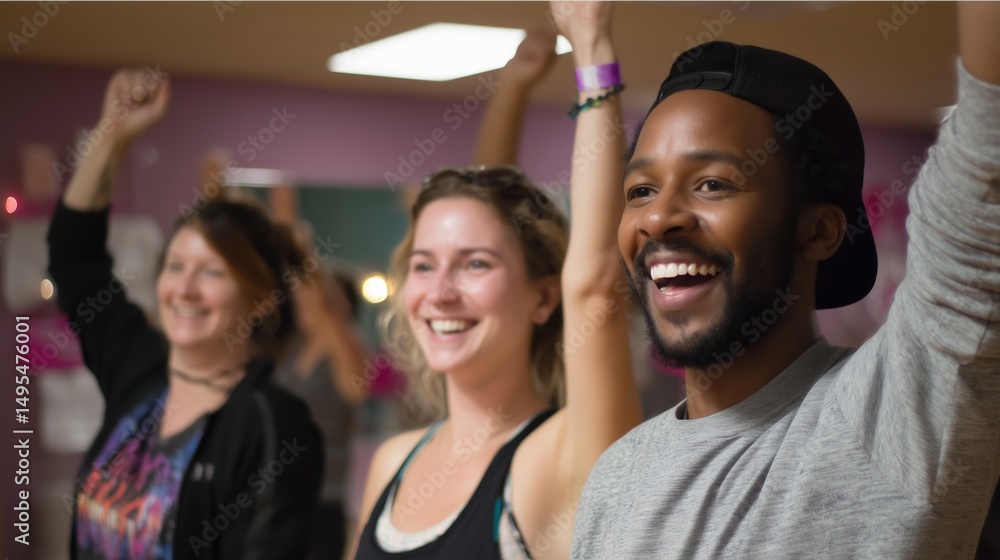 Fototapeta premium Group of people enjoying a lively dance class in a colorful studio during the afternoon