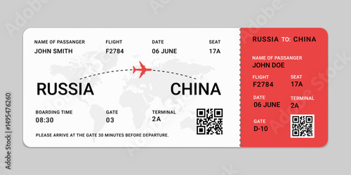 Boarding pass flight ticket template. Blank plane ticket isolated on white background. White, red color airplane ticket design, Vector illustration
